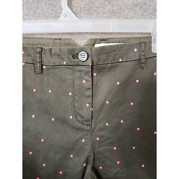 Boden Chino Straight Leg Pants Womens US 12 Green Pink Polka Dots Stretch NEW - Picture 3 of 8